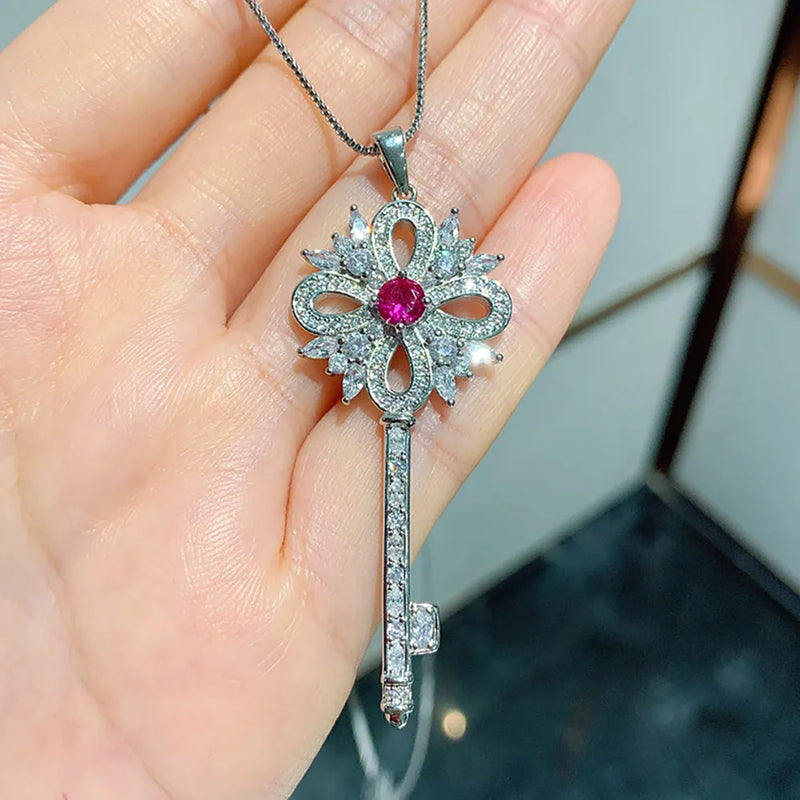 Lab Diamond Ruby Key Pendant Necklace for Women Wedding Party