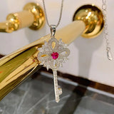 Lab Diamond Ruby Key Pendant Necklace for Women Wedding Party