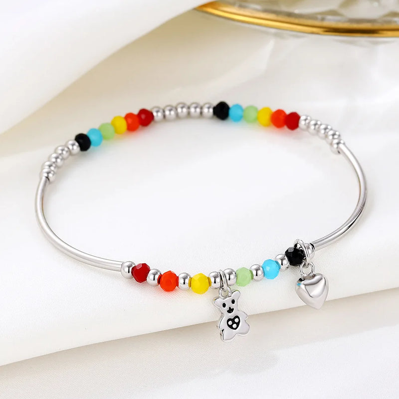 Colorful Beads Lucky Heart Bear 925 Sterling Silver Charm Bracelet