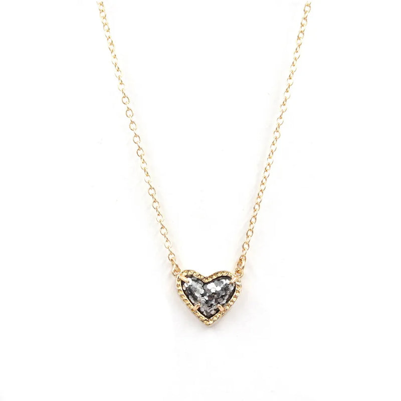 Abalone Stone Heart Pendant Necklace, Faux Glitter Mini Love Druzy Jewelry