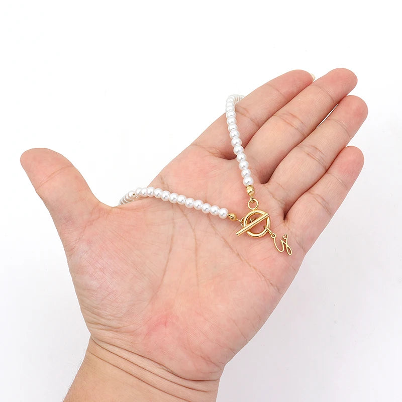 Vintage Initial Letter Necklace Pearl Bead Womens Jewelry Gift