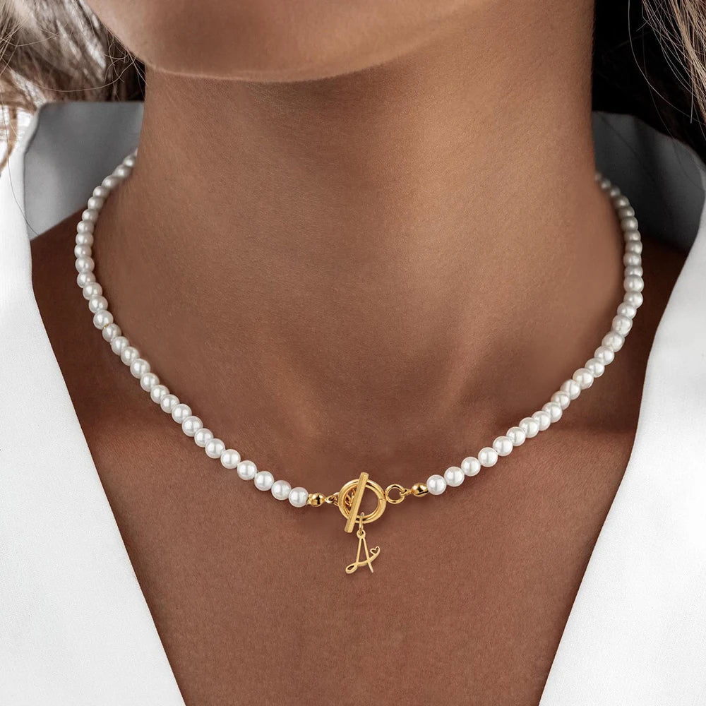 Vintage Initial Letter Necklace Pearl Bead Womens Jewelry Gift