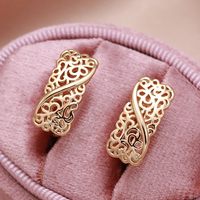 Vintage 585 Clip Earrings Hollow Carve Glossy Drop Pattern Wedding Hoops