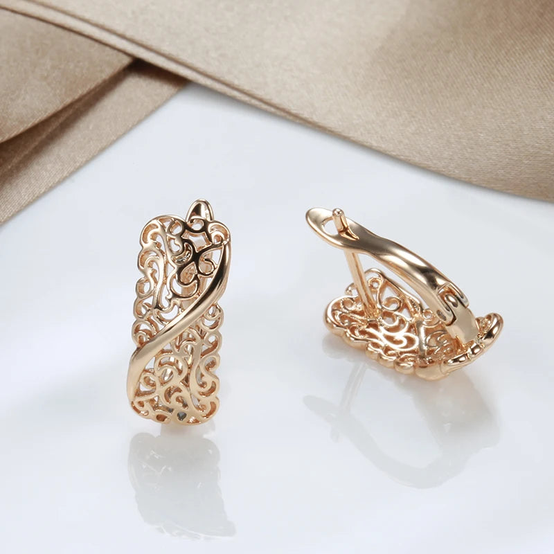 Vintage 585 Clip Earrings Hollow Carve Glossy Drop Pattern Wedding Hoops