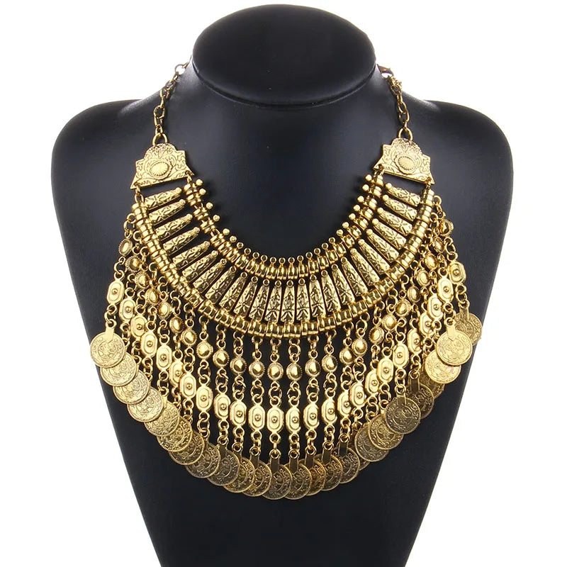 Vintage Round Zinc Coin Tassels Choker Necklace