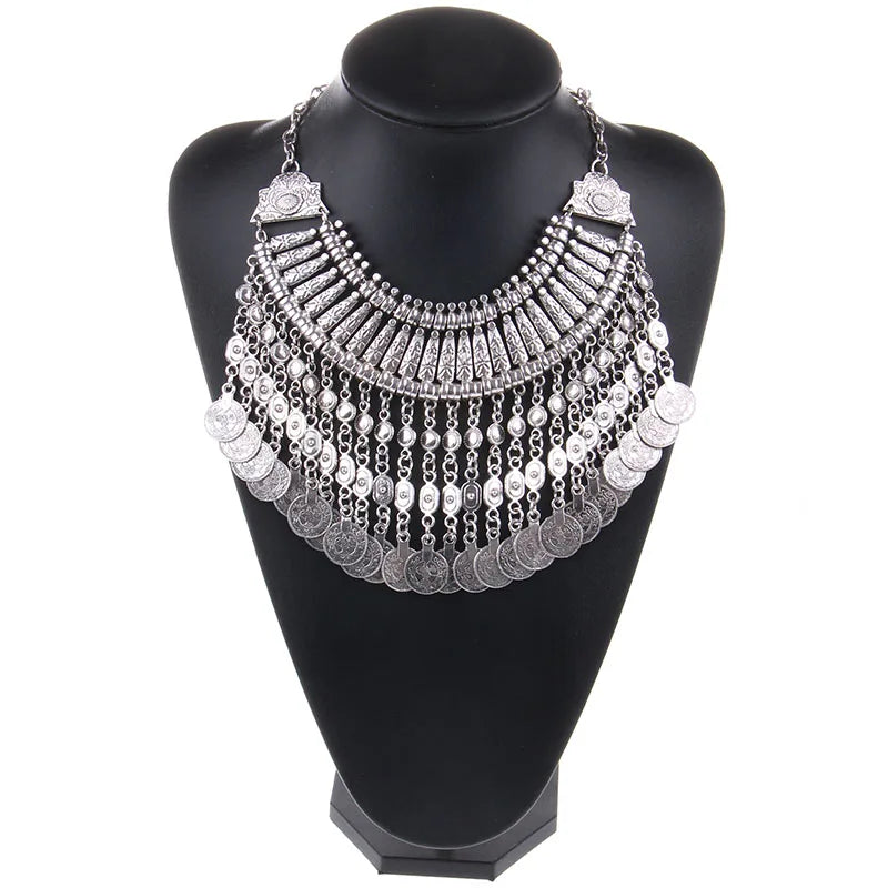 Vintage Round Zinc Coin Tassels Choker Necklace