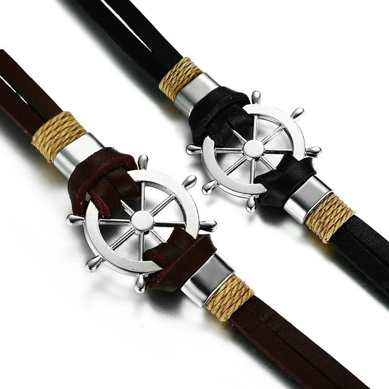 Vintage Brown Alloy Rudder Bracelet Leather Rope Anchor Rudder Braided Bracelets