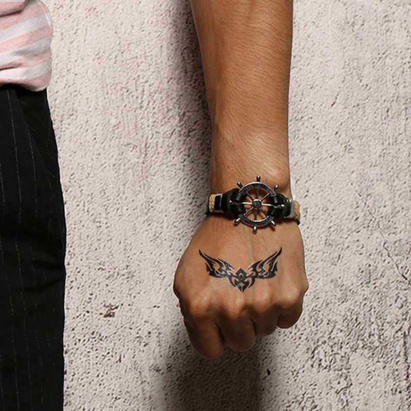 Vintage Brown Alloy Rudder Bracelet Leather Rope Anchor Rudder Braided Bracelets