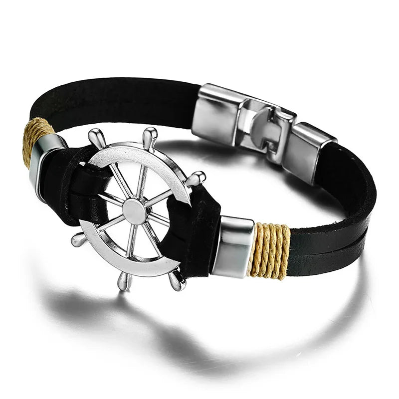 Vintage Brown Alloy Rudder Bracelet Leather Rope Anchor Rudder Braided Bracelets