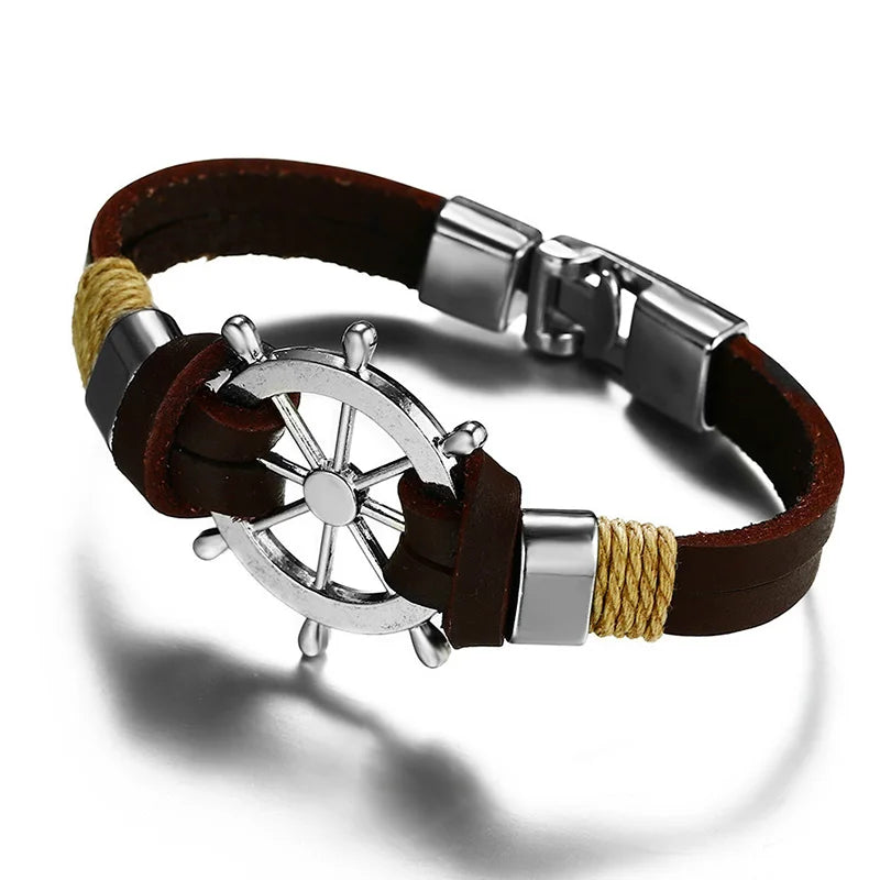 Vintage Brown Alloy Rudder Bracelet Leather Rope Anchor Rudder Braided Bracelets