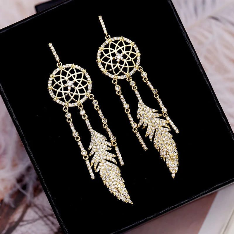 Vintage Dream Catcher Drop Earrings Cubic Zircon Silver Jewelry