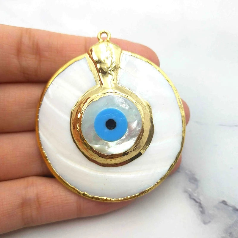 Vintage Evil Eye Shell Pendant Plated Brass Charms for Necklace