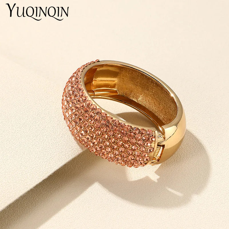 Vintage Crystal Stainless Steel Bangles for Women Wide Round Open Bracelet