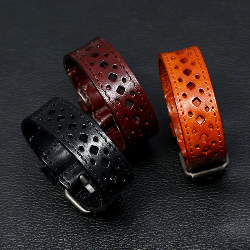 Vintage Hollow Leather Bracelets for Men Adjustable Wristband