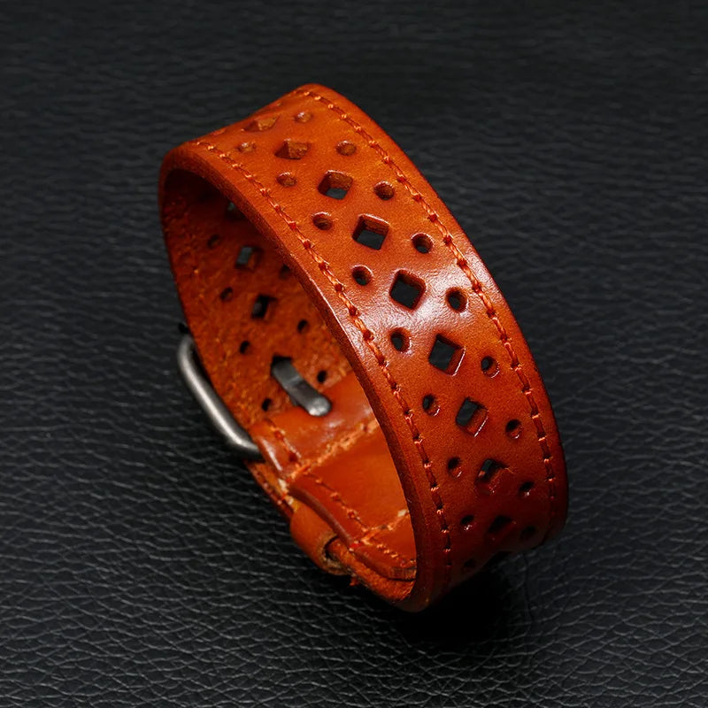 Vintage Hollow Leather Bracelets for Men Adjustable Wristband