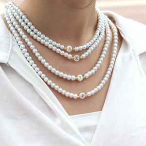 Vintage Initial Letter Necklace Women 6mm Simulated Pearl Bead Necklace