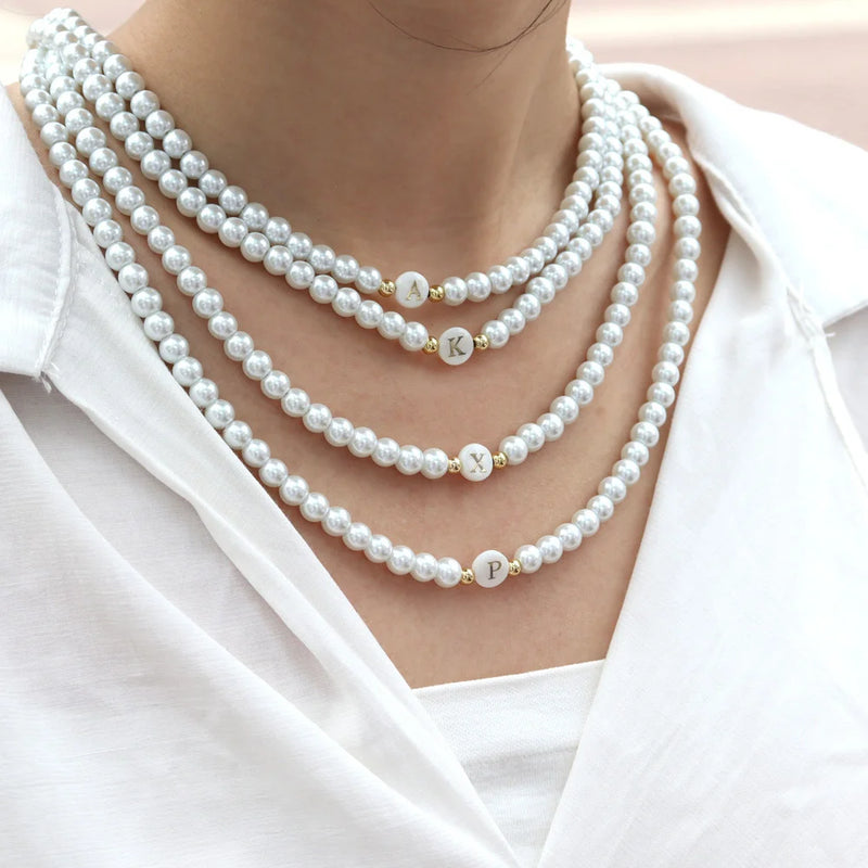 Vintage Initial Letter Necklace Women 6mm Simulated Pearl Bead Necklace