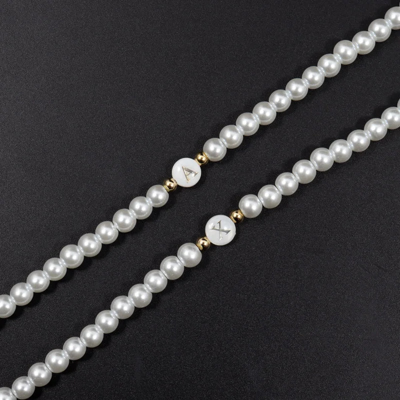 Vintage Initial Letter Necklace Women 6mm Simulated Pearl Bead Necklace