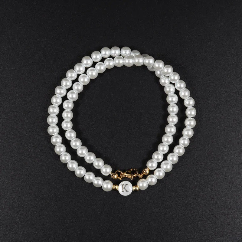 Vintage Initial Letter Necklace Women 6mm Simulated Pearl Bead Necklace
