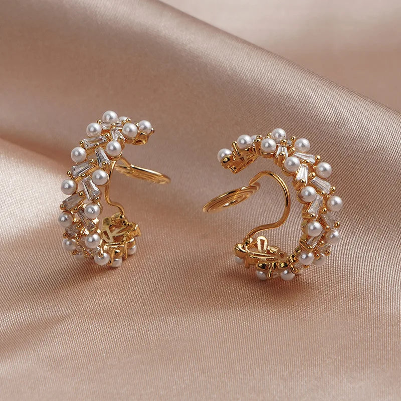 Vintage Japan Clip on Hoop Earrings Zircon Pearl No Pierced Ear Clips