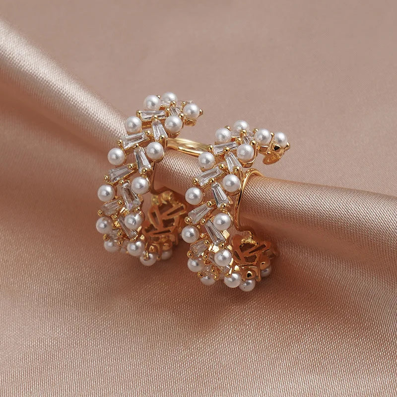 Vintage Japan Clip on Hoop Earrings Zircon Pearl No Pierced Ear Clips
