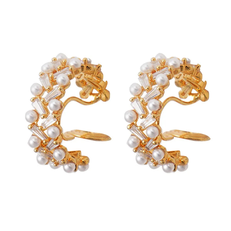 Vintage Japan Clip on Hoop Earrings Zircon Pearl No Pierced Ear Clips