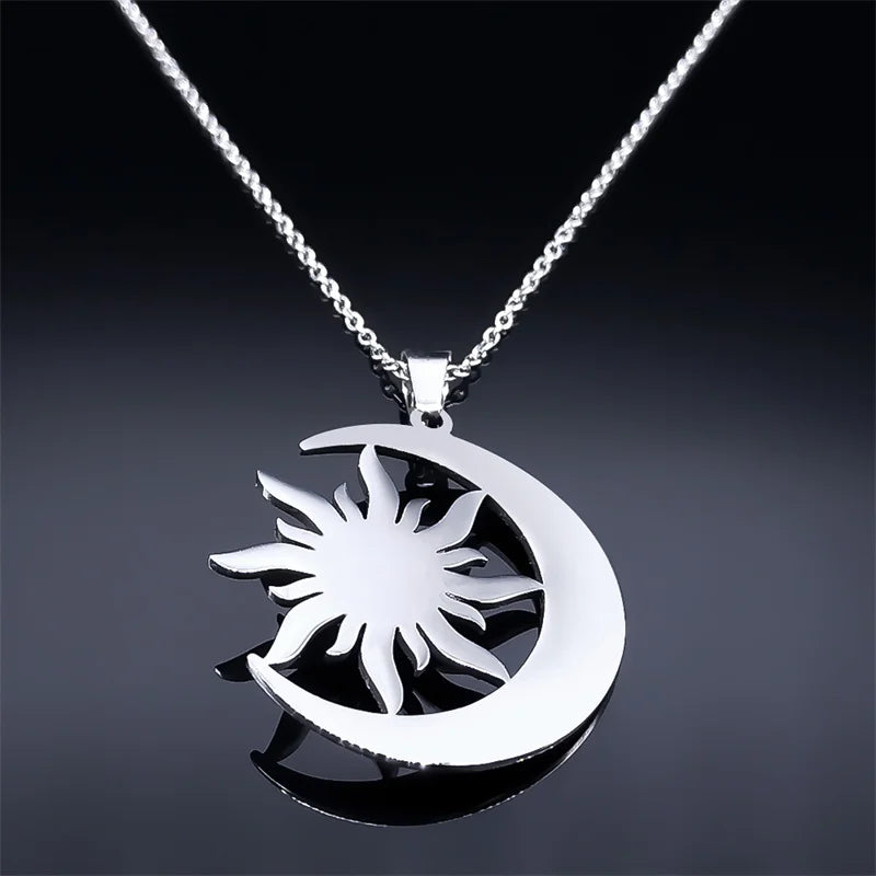 Vintage Moon & Sun Pendant Necklaces Stainless Steel Crescent Moon Necklace