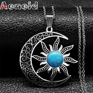 Vintage Moon & Sun Pendant Necklaces Stainless Steel Crescent Moon Necklace