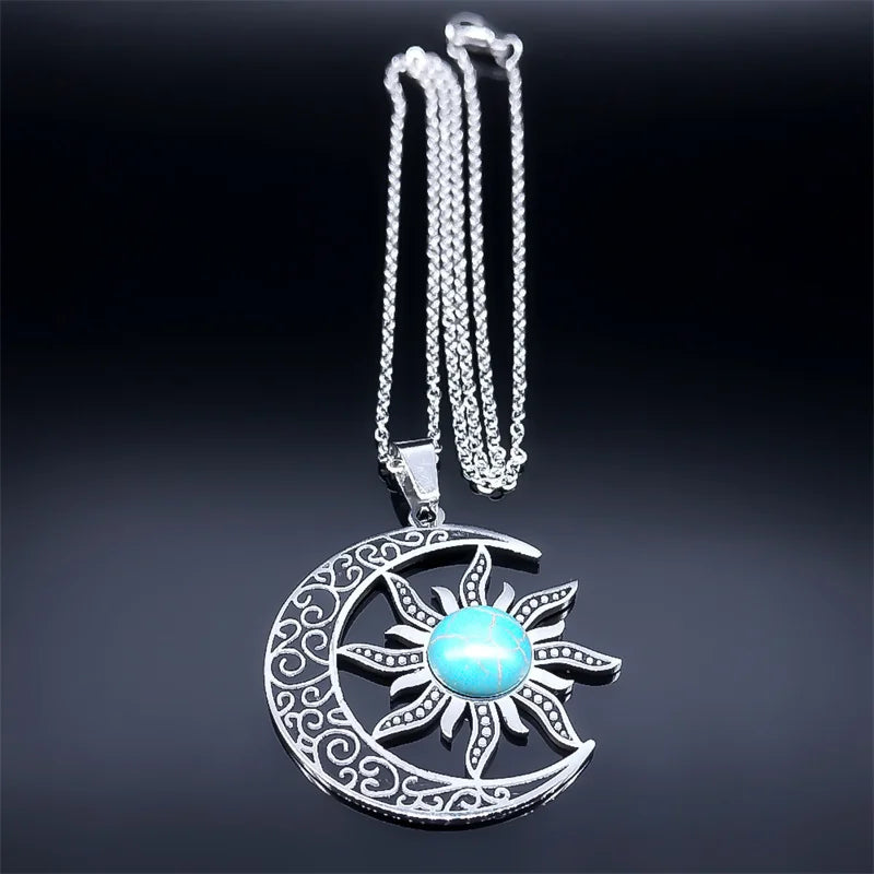 Vintage Moon & Sun Pendant Necklaces Stainless Steel Crescent Moon Necklace