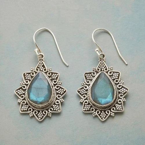 Vintage Moonstone Earrings Silver Flower Birds Hook Dangle Earring