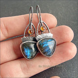 Vintage Moonstone Earrings Silver Flower Birds Hook Dangle Earring