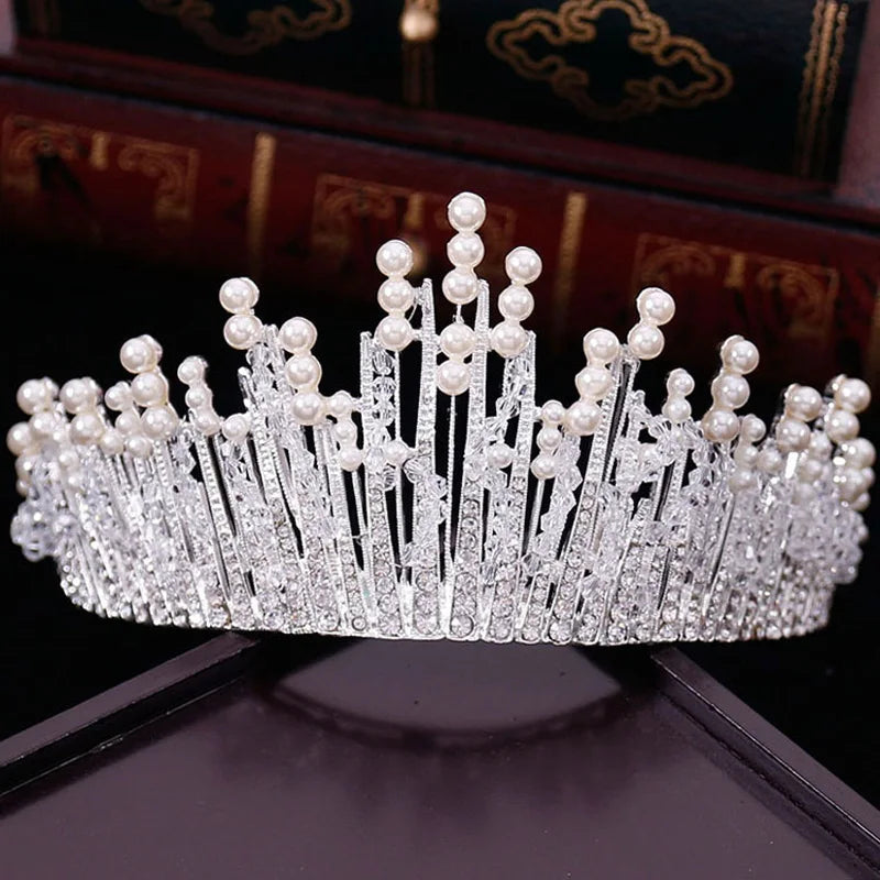 Vintage Multilayer Silver Crystal Pearl Tiara Crown Wedding Hair Accessories