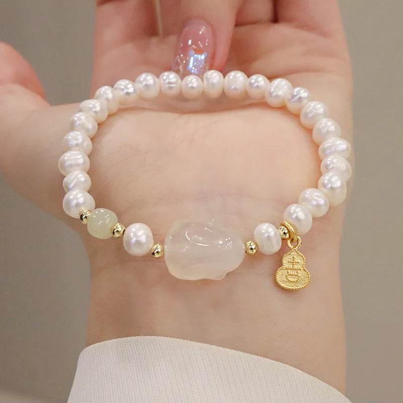 Vintage Hetian Jade Pearl Bracelet Gourd Pendant Hand Ornaments