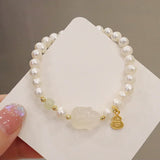 Vintage Hetian Jade Pearl Bracelet Gourd Pendant Hand Ornaments
