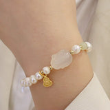 Vintage Hetian Jade Pearl Bracelet Gourd Pendant Hand Ornaments