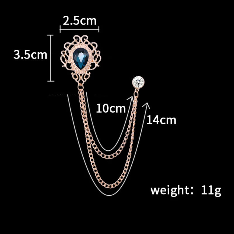 Vintage Tassel Chain Brooch Rhinestone Crystal Pin Shirt Collar Suit