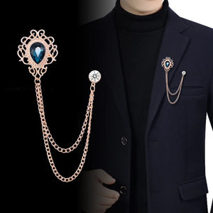 Vintage Tassel Chain Brooch Rhinestone Crystal Pin Shirt Collar Suit