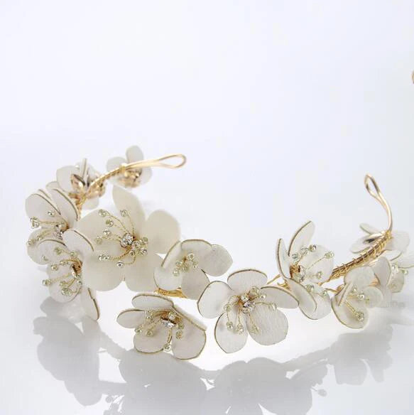 Vintage Women Crystal Pearl Hairband Leather Flower Tiara