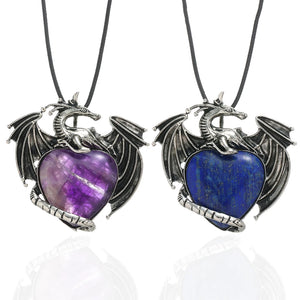 Vintage Pterosaur Dragon Necklace with Natural Stone Heart-Shaped Pendant