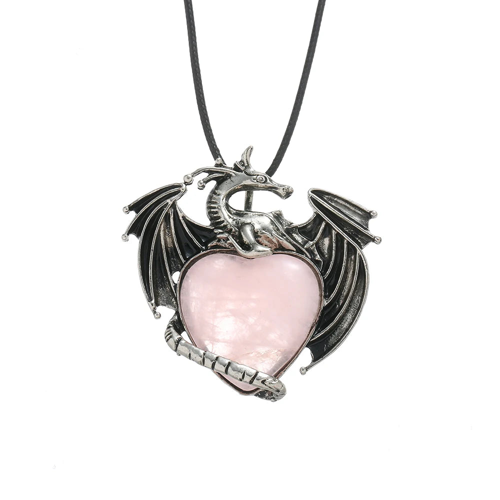 Vintage Pterosaur Dragon Necklace with Natural Stone Heart-Shaped Pendant