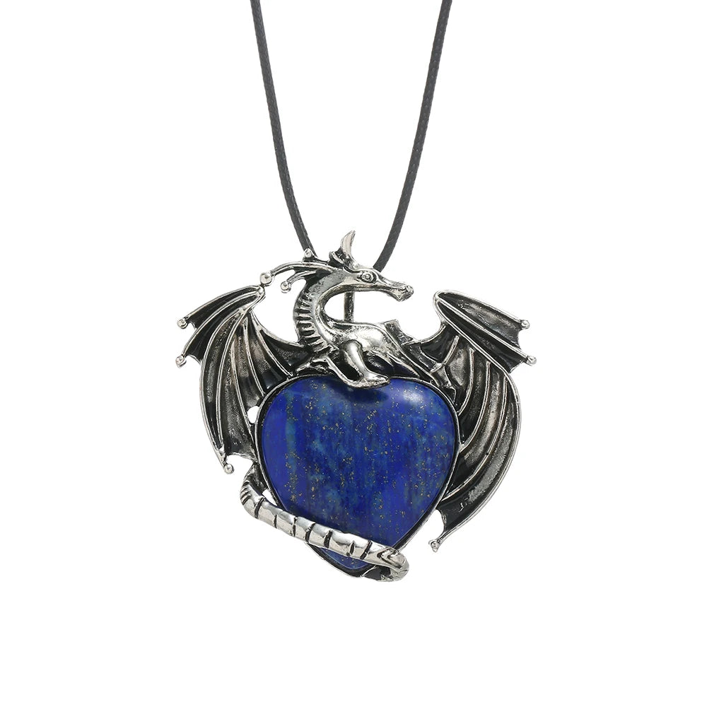 Vintage Pterosaur Dragon Necklace with Natural Stone Heart-Shaped Pendant