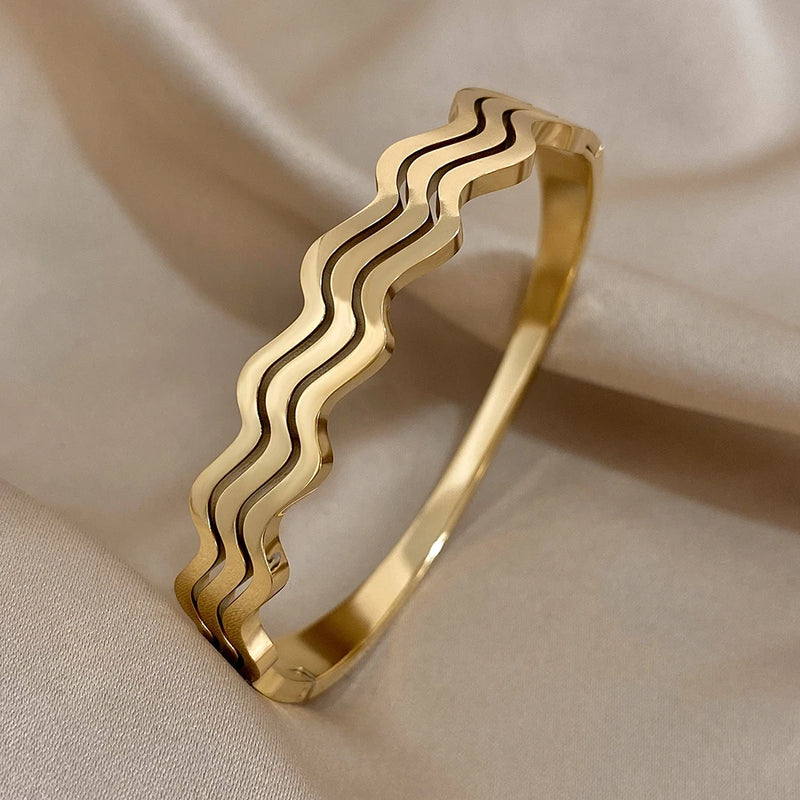 Waterproof Wave Bangles Stainless Steel Bracelets 18K Plated