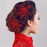 Bride's Beaded Hair Comb Pearl Flower Hair Ornament Red Rose Hair Fork