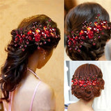 Bride's Beaded Hair Comb Pearl Flower Hair Ornament Red Rose Hair Fork