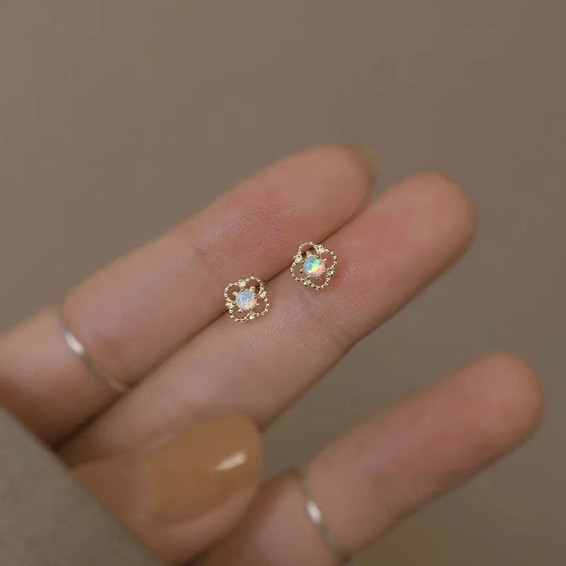 Gold Flower Lace Opal 925 Silver Stud Earrings Women Vintage Wedding Jewelry