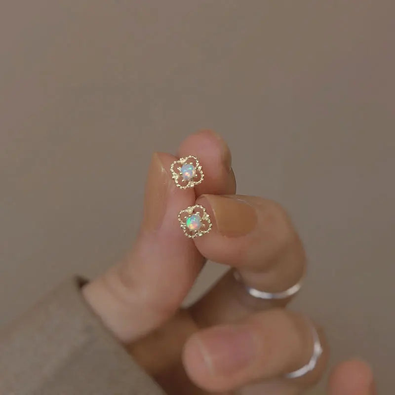 Gold Flower Lace Opal 925 Silver Stud Earrings Women Vintage Wedding Jewelry
