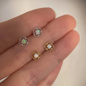 Gold Flower Lace Opal 925 Silver Stud Earrings Women Vintage Wedding Jewelry