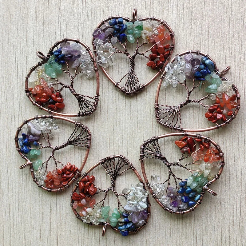 7 Chakra Stone Tree of Life Heart Pendants Lot for Necklace Making