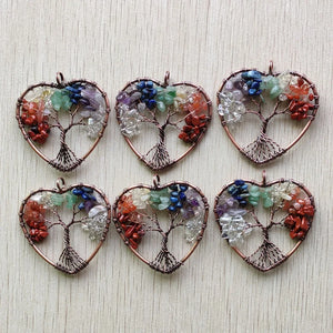 7 Chakra Stone Tree of Life Heart Pendants Lot for Necklace Making