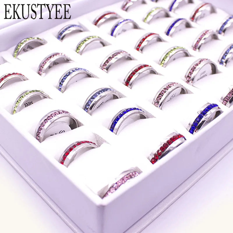 Colorful Mix 24 Pcs Crystal Stainless Steel Rings Jewelry